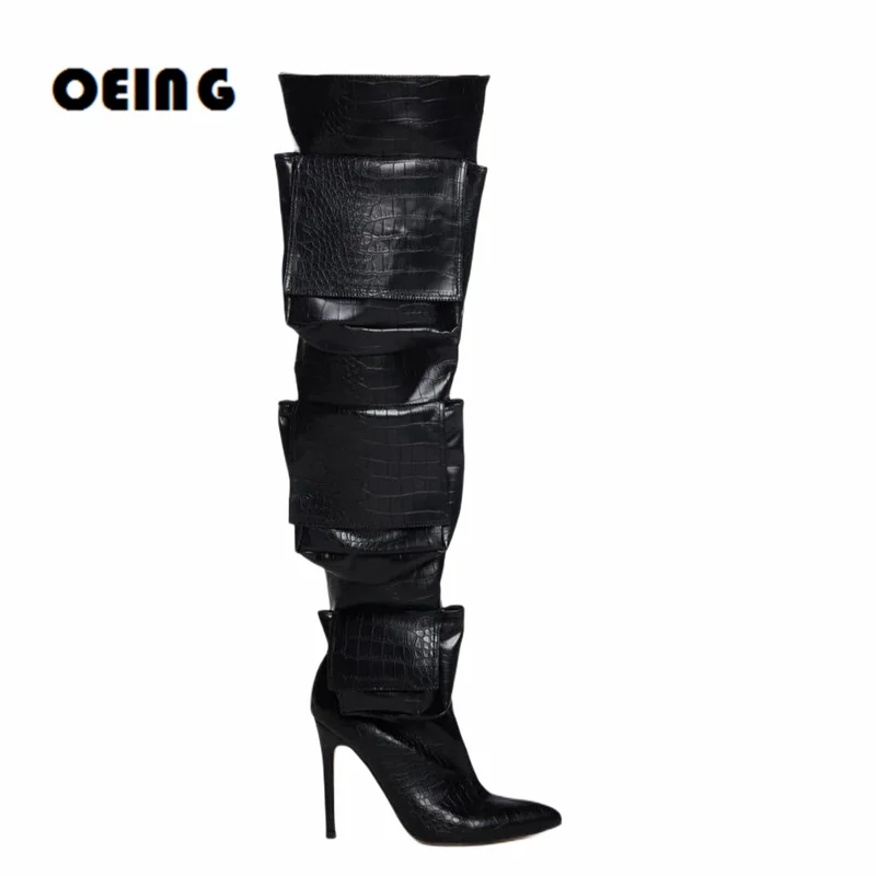 

Women Pockets Details Over The Knee Boots Female Sexy Pointed Toe Side Zip Thigh High Boots Ladies Party Dress Shoes Big 44