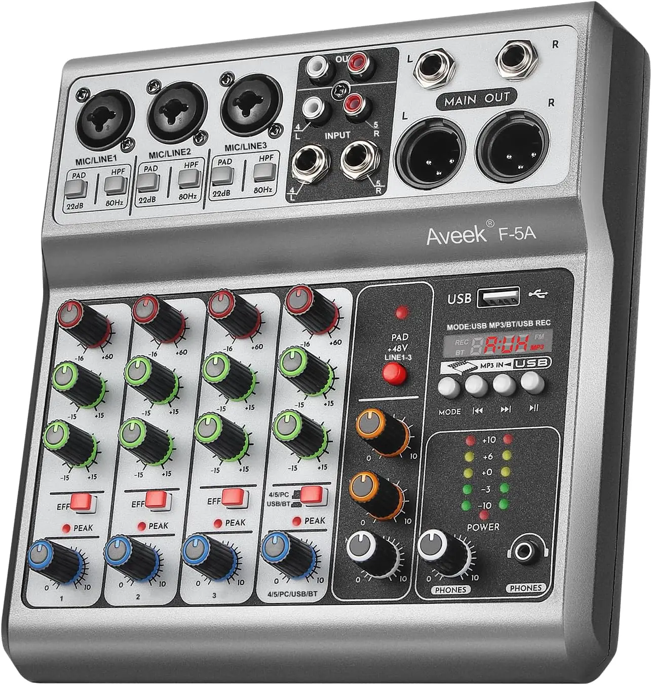 Aveek Table de mixage audio professionnelle, console de mixage de carte son avec effet de retard d'écho USB Bluetooth numérique 5 canaux, entrée stéréo 48 V