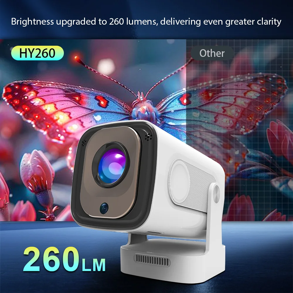 HY260 자동 초점 프로젝터 안드로이드11 WiFi6 듀얼 밴드 자동 키스톤 보정 대형 화면 가정용/야외용 휴대용 빔프로젝터