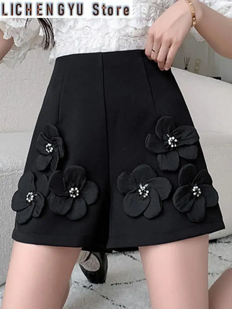 High Waist Beaded Flower Suit Shorts For Women Spring Summer Loose Slimming Versatile Wide Leg Pants