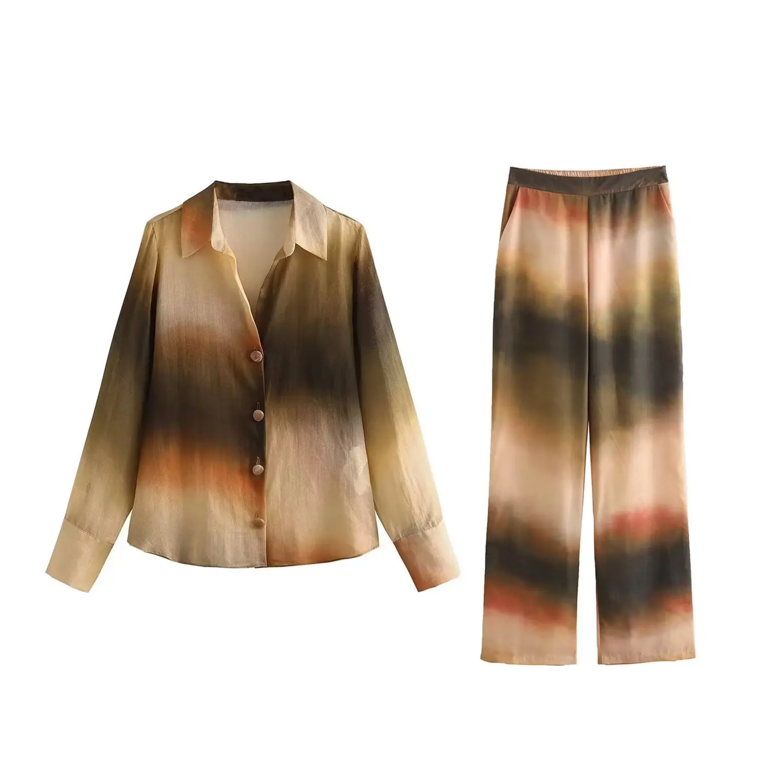 

SuperAen 2023 Autumn Women's Shirt Printed Women's Straight Leg Trouser Two Pieces Sets