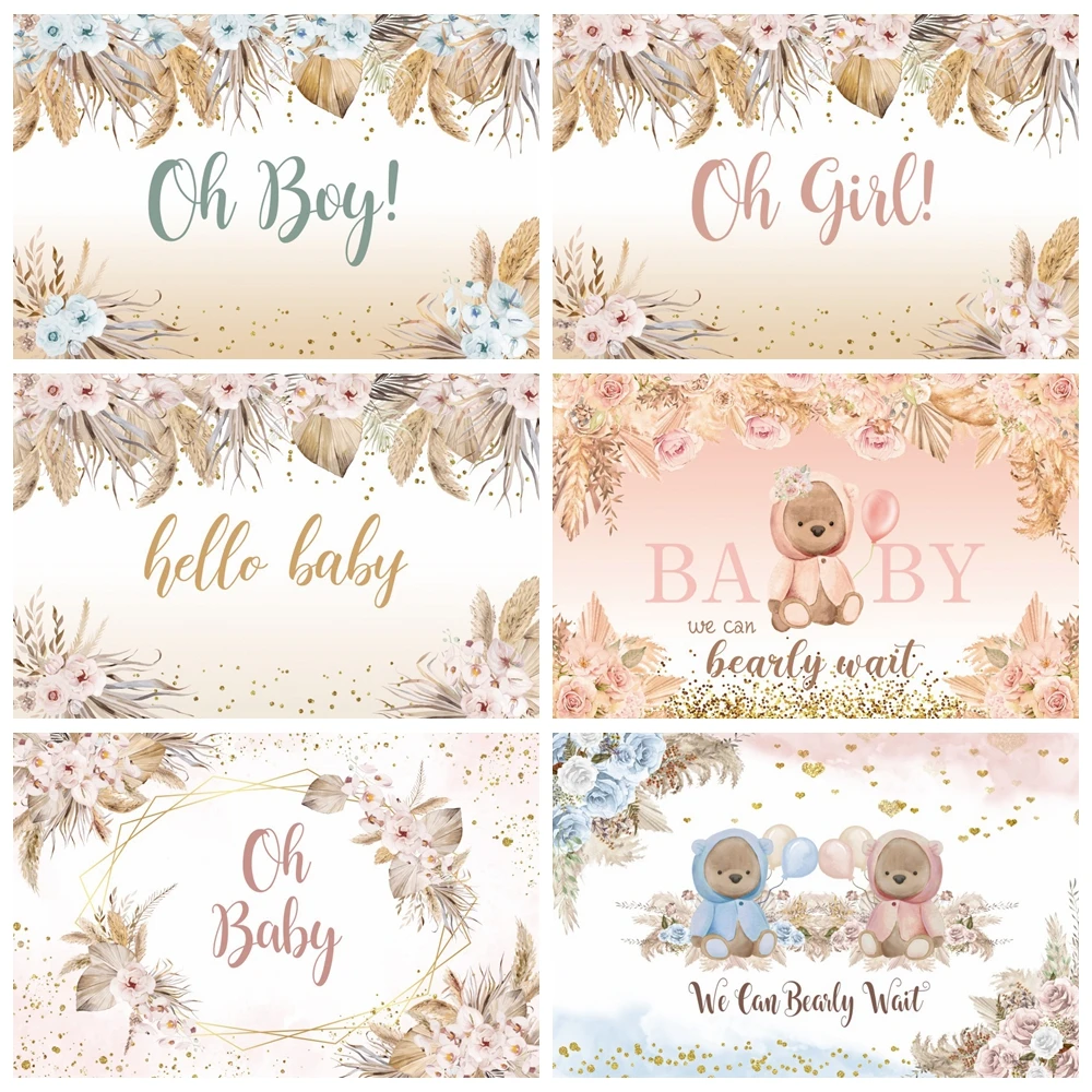 

Oh Baby Shower Birthday Party Backdrop Boho Style Cartoon Bear Animals Boys Girls Gender Reveal Background for Photography Props