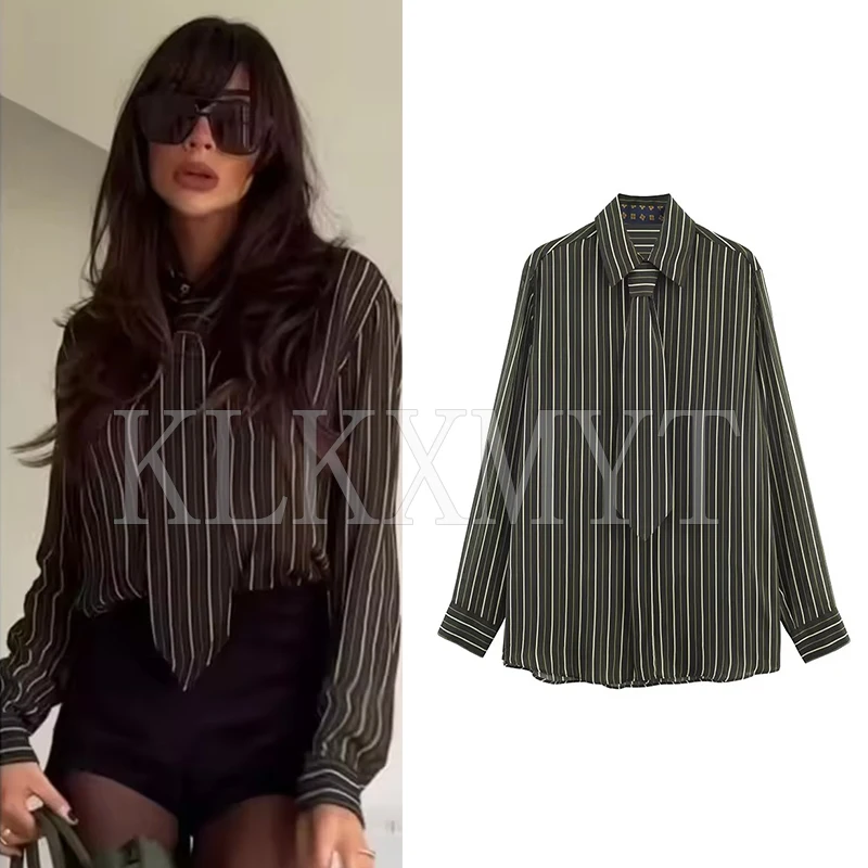 Chic Fashion Stripe Shirts for Women 2025 New Long Sleeve Necktie Women's Streetwear Casual Shirt And Blouse Top ﻿