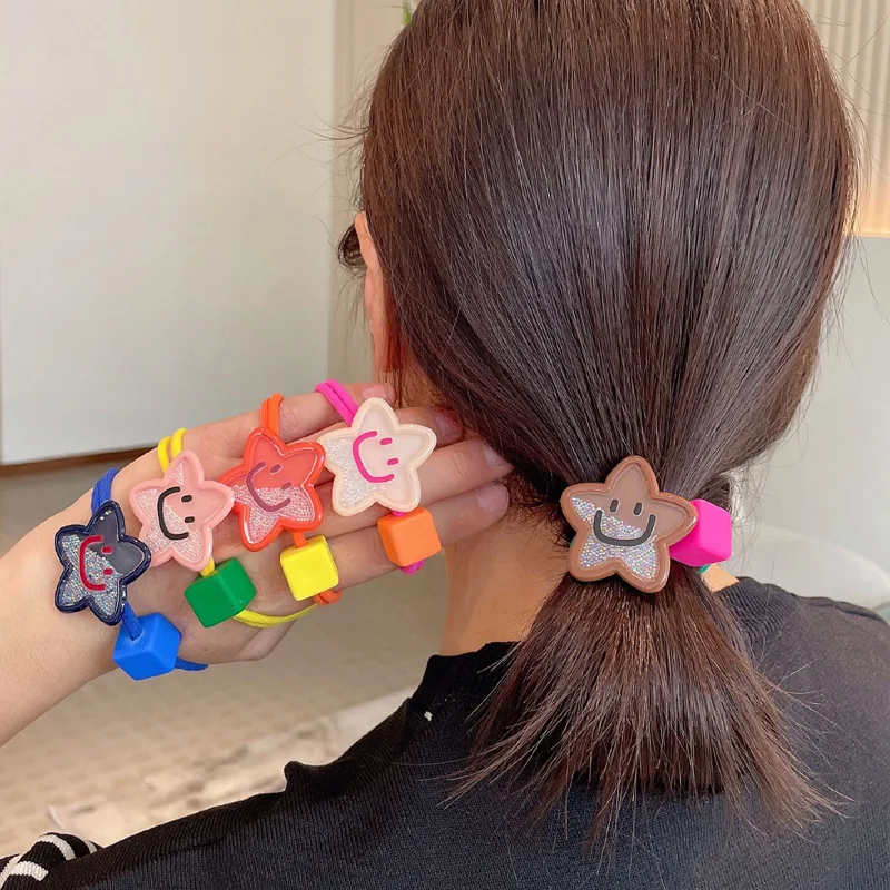 

Color Smile Face Star Pentagram Quicksand Powder Cube Elastic Hair Band For Girl Cute Kawaii Go Out Rubber Band Fashion Party