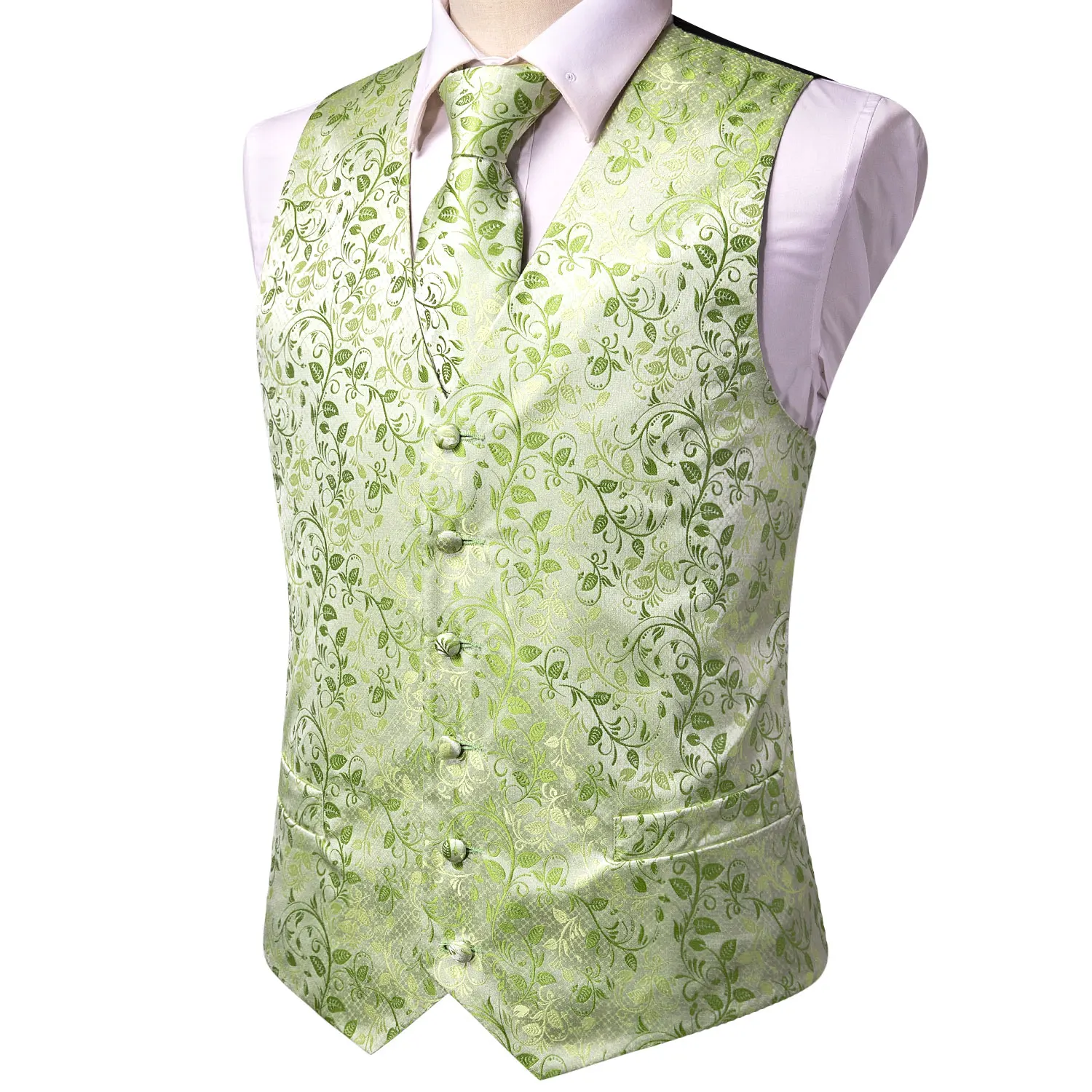 Hi-Tie Leaf Green Men's Vest Fashion Silk Jacquard Waistcoat Neck Tie Hanky Cufflinks Brooch Set for Male Wedding Party Designer