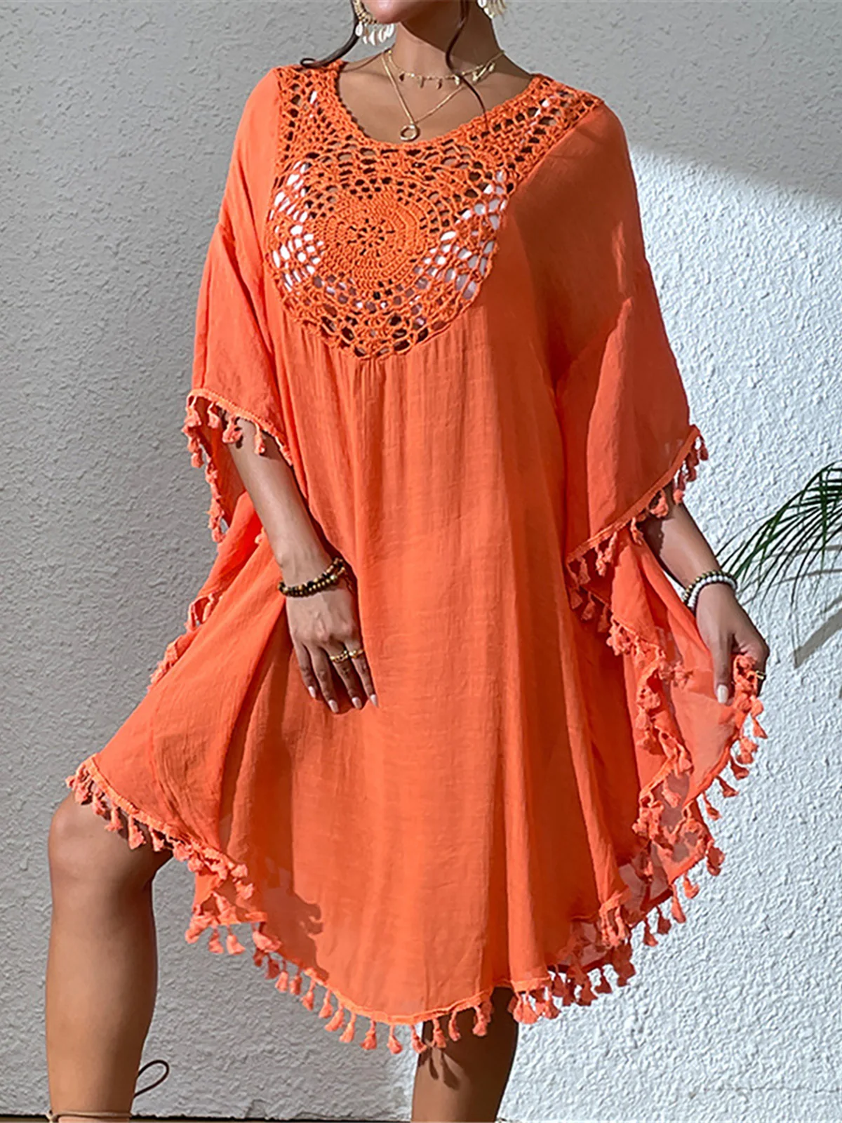 New Fringe Tassel Embroidery Half Sleeve Tunic Beach Cover Up Cover-ups Long Beach Dress Beach Wear Beachwear Female Women K5328 2