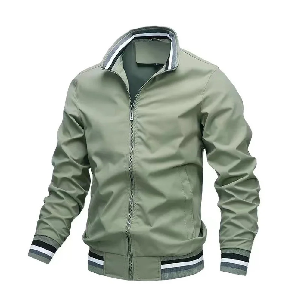 

Men Jacket Zipper Spring Autumn Solid Color Lapel Collar Striped Sleeve Outdoor Sports Coat Windbreaker Male Jackets