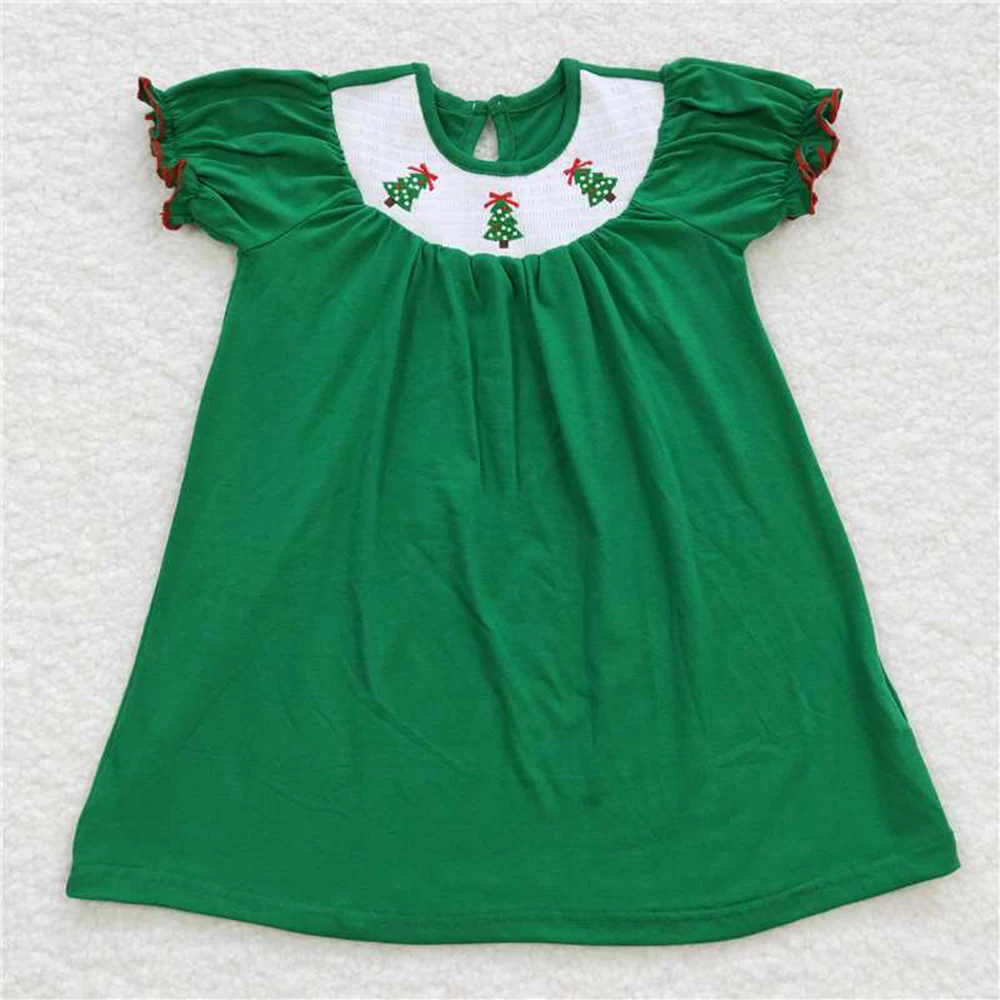 

Wholesale children's clothing embroidered Christmas tree green short-sleeved skirt for baby girls clothes western halloween