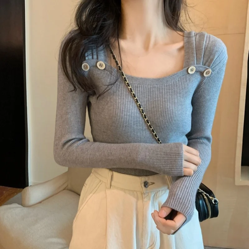 

2022 New Pattern Autumn And Winter Square Neck Sweater Long Sleeve Slim Knitted Sweater QEK7