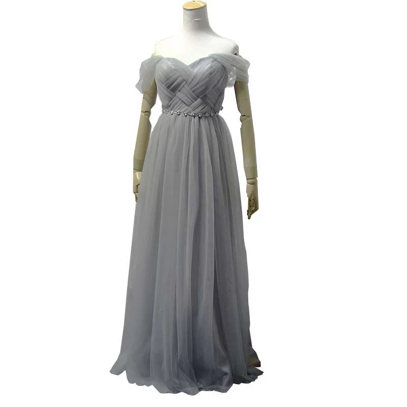 

Grey Tulle Long Wedding Guest Dress Off-the-shoulder A-line with Beaded Waist vestidos elegantes para mujer para una boda