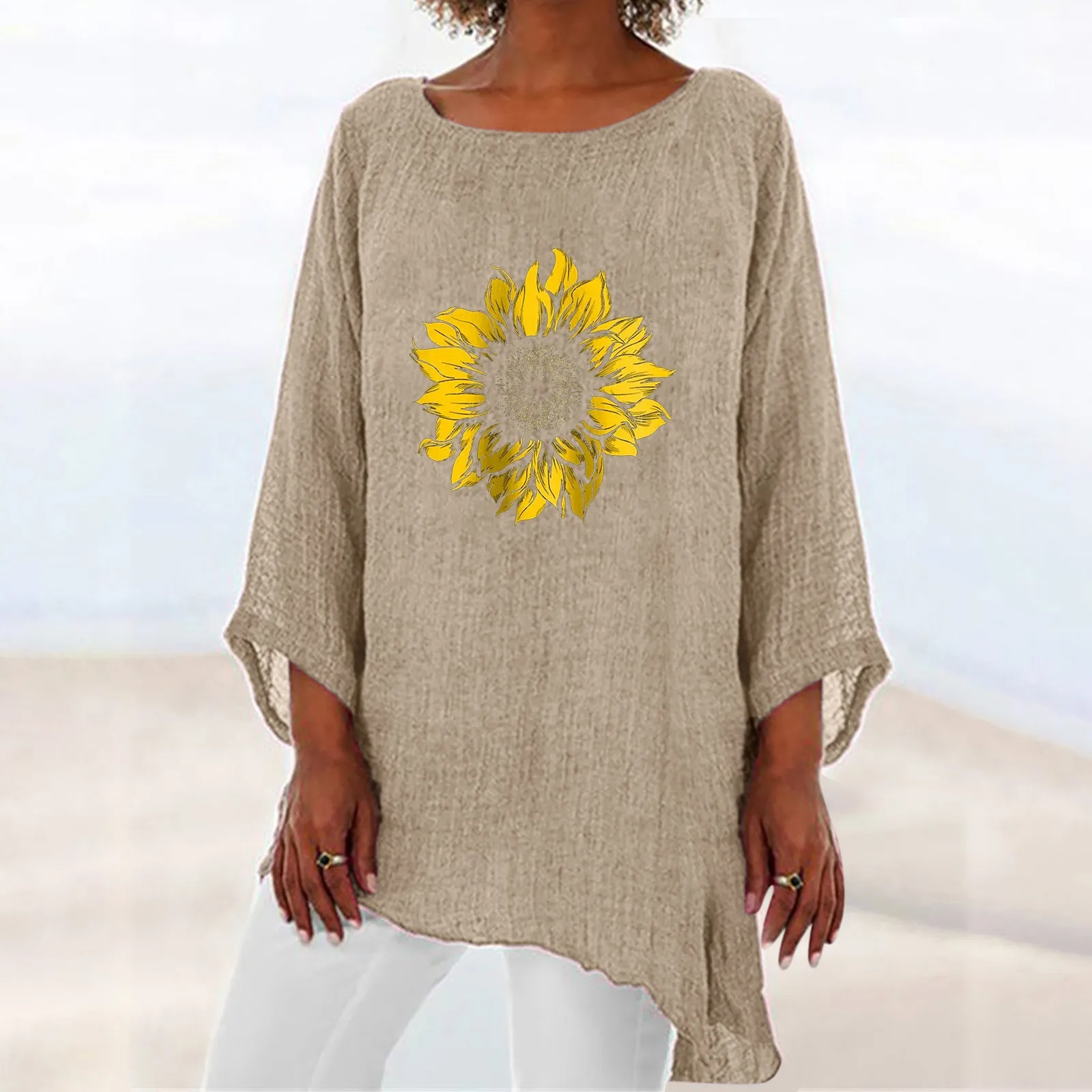 

Shirts for Women Casual Summer Womens 3 Of 4 Sleeve Crew Neck Irregular Hem Top T Shirt Rayon T Shirts Women Fall Women Shirts