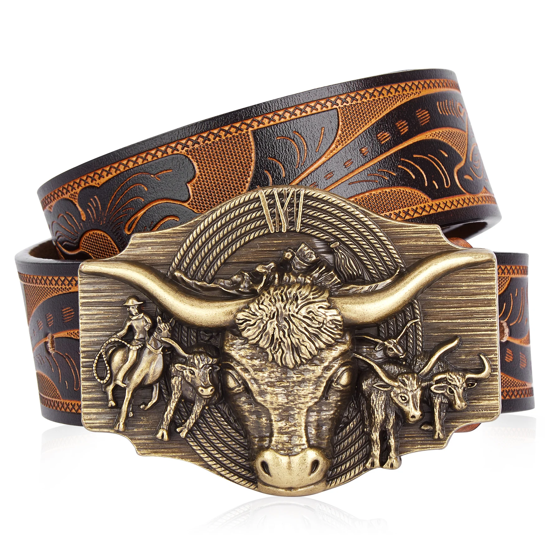 

BISON DENIM Western Belt Vintage Genuine Leather Belts For Cowboy Cowgirl Longhorn Bull Pattern Engraved Buckle Belts For Jeans