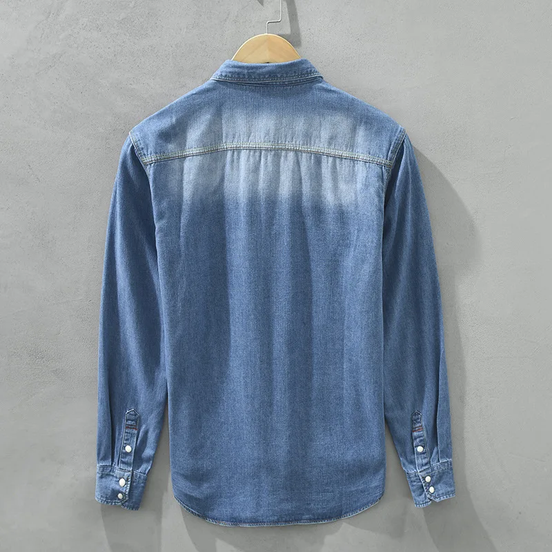 Spring Retro Denim Shirts Men Casual Cotton Gradient Men Clothing C8807 denim shirt long sleeved shirt
