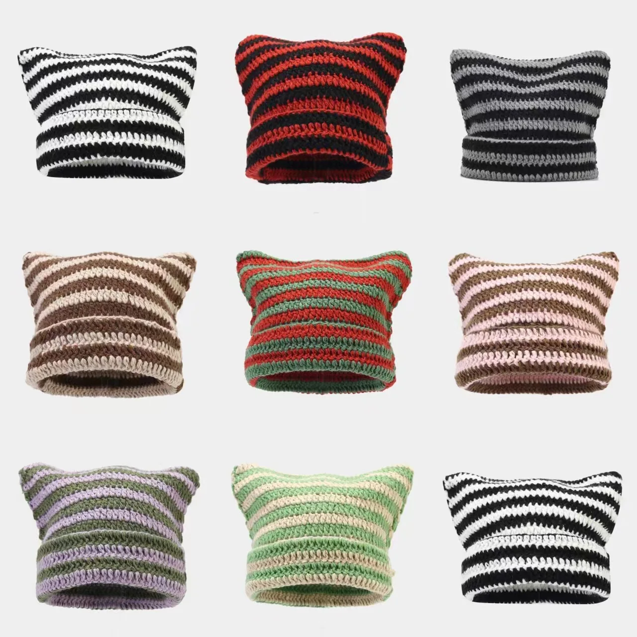 

Japanese Beanie Hat Ins Little Devil Striped Knitted Cap Autumn And Winter Cute Cat Ears Pointed Pullover Womens Hand Knitting