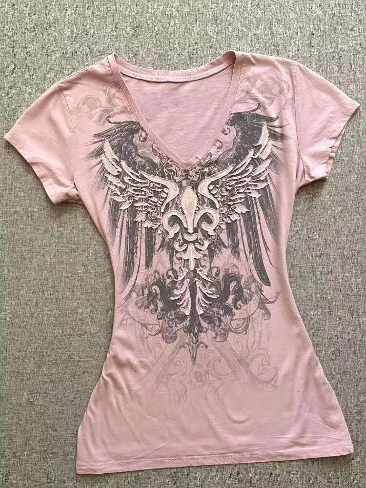 HOUZHOU Y2k Harajuku Graphic Women T-shirts Vintage Pink Gothic Printed Tshirts Short Sleeve Tees American Retro 2000s Aesthetic 3