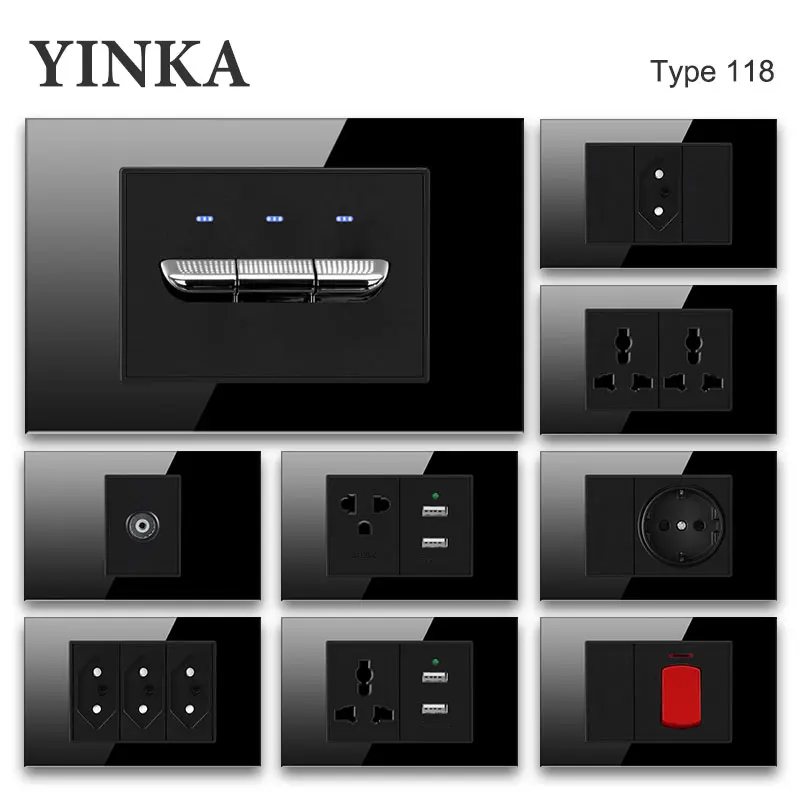 Yinka-universal Wall Light Switch Soquete Líquido Painel de Vidro Temperado Interruptor de Botão 220v 20a 118×72 mm