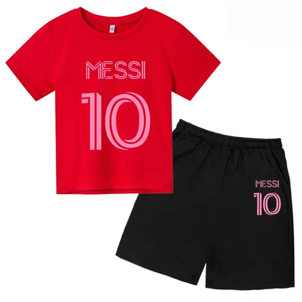 thumbnail image 1 of Nueva camiseta y pantalones cortos con estampado de Messi para niños y adolescentes, conjunto de 2 piezas, ropa de fútbol para niños y niñas, traje deportivo de moda de manga corta de verano, 1 of 5