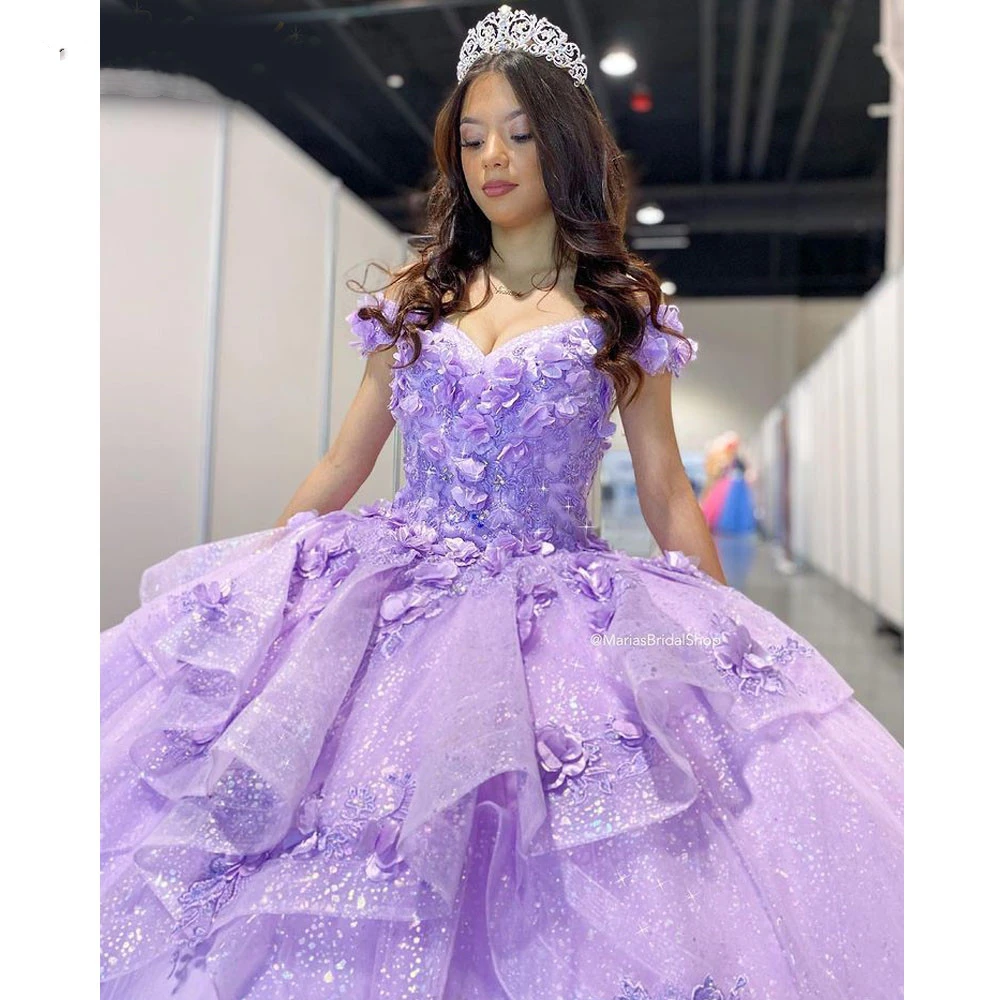ANGELSBRIDEP Lilac Ball Gown Quinceanera Dresses Shiny Celebrity Party Gowns 3D Appliqued Flowers Graduation Vestidos De 15 A&ntilde;os