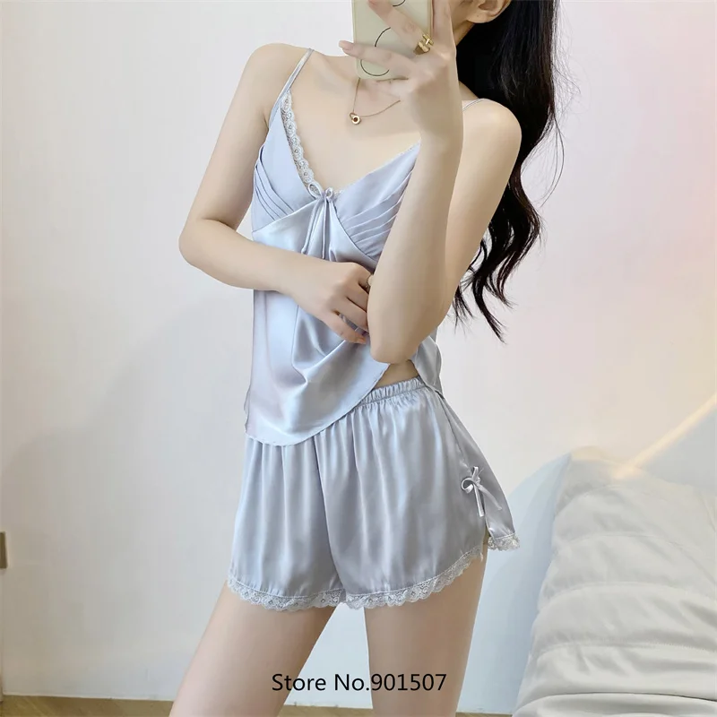 2025 여름 신상 파자마 세트 레이스업 캐미&반바지 2피스 란제리 슬립웨어 레이온 홈웨어 여성 루즈 라운지웨어 큰 사이즈 3XL
