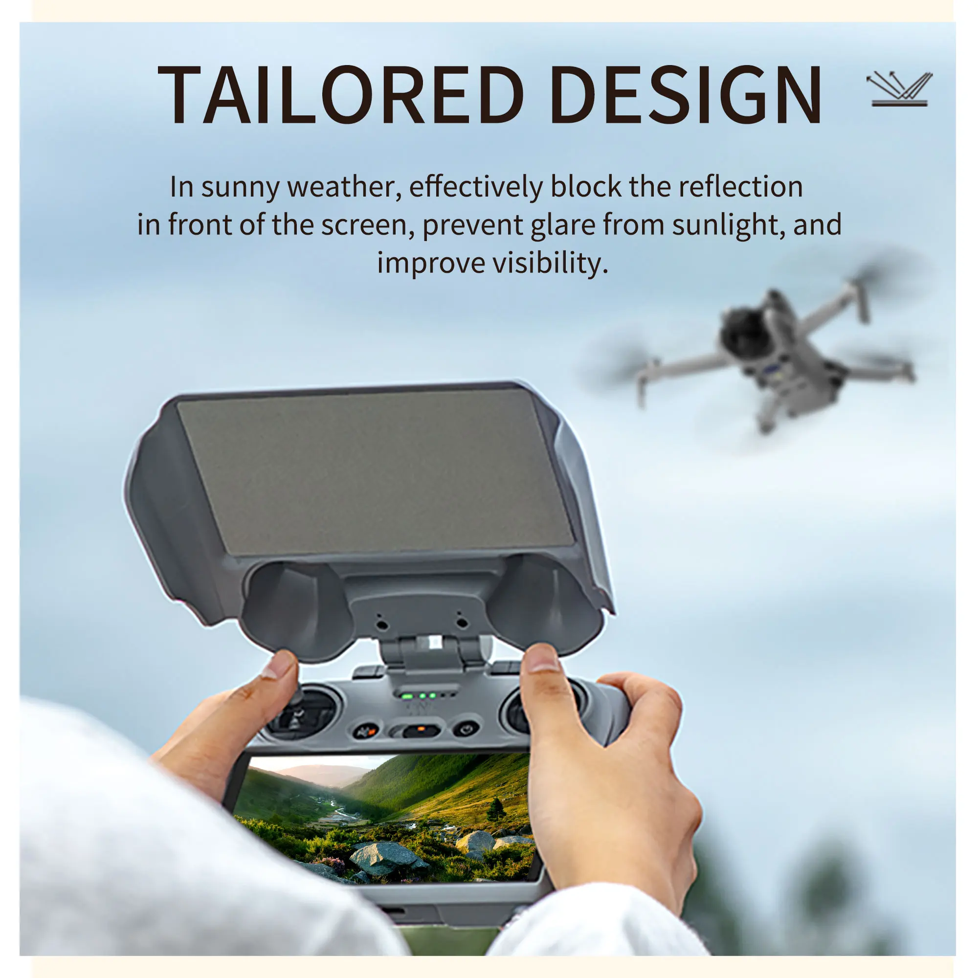 Pare-soleil et housse de protection pour télécommande DJI RC 2, installé sur la télécommande avec un drone en arrière-plan.