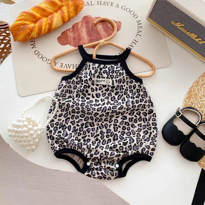 Cute Baby Onesie Summer Thin Newborn Baby Leopard Print Fart Coat Suspender Triangle Jersey Summer Clothes 1