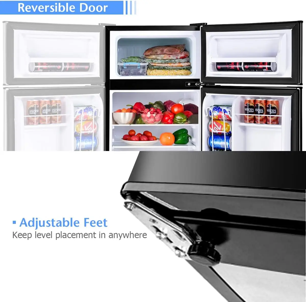 Compact Refrigerator 3.2 Cu Ft. Unit 2-Door Mini Freezer Cooler Fridge with Reversible Door, Removable Glass Shelves