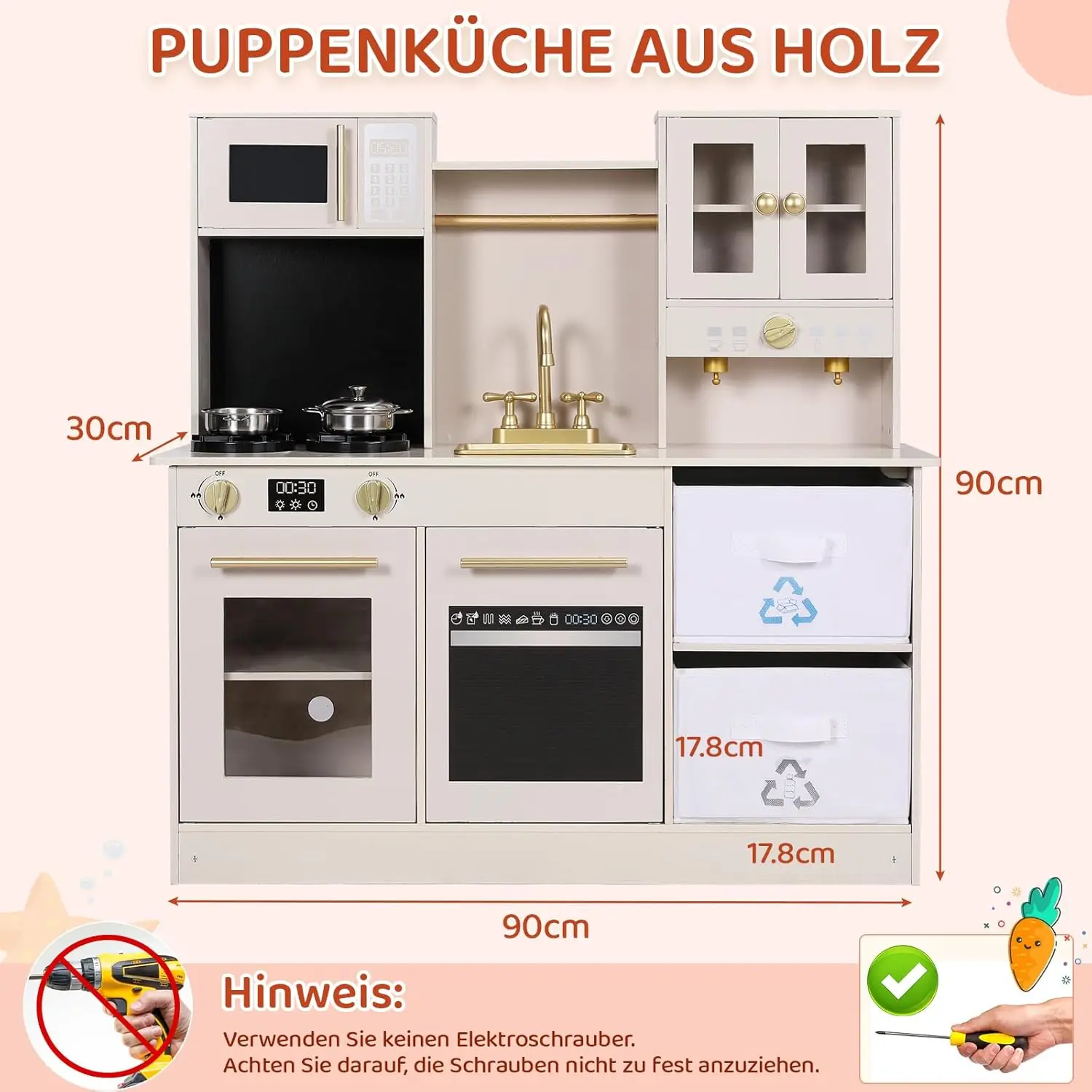 Play Kitchen for Kids, Wooden Pretend Toy Kitchen, Large Toodler Cooking Playset w/Cookware, Stove w/Light & Sound, Fabric Boxs