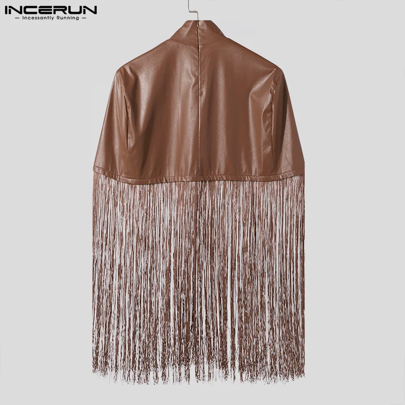 Handsome Well Fitting Tops INCERUN New Men Solid PU Leather Long Tassel Design Trench Casual Male Personality Cropped Cape S-3XL