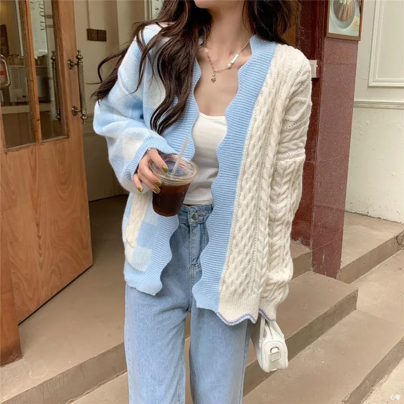 

EBAIHUI Cute Women's Cardigan Contrast Patchwork Design Ladies Sweater Autumn/Winter Japanese V-neck Long Sleeve Cardigan Coat
