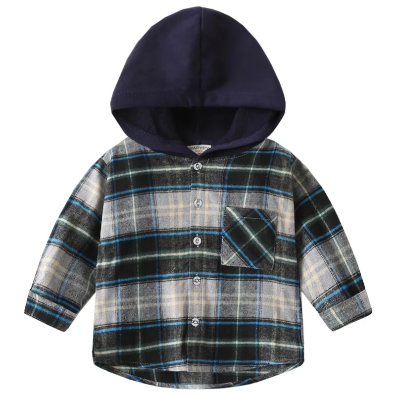 Autumn children's clothing long-sleeved shirts boys' hooded plaid shirts baby tops kids costumes