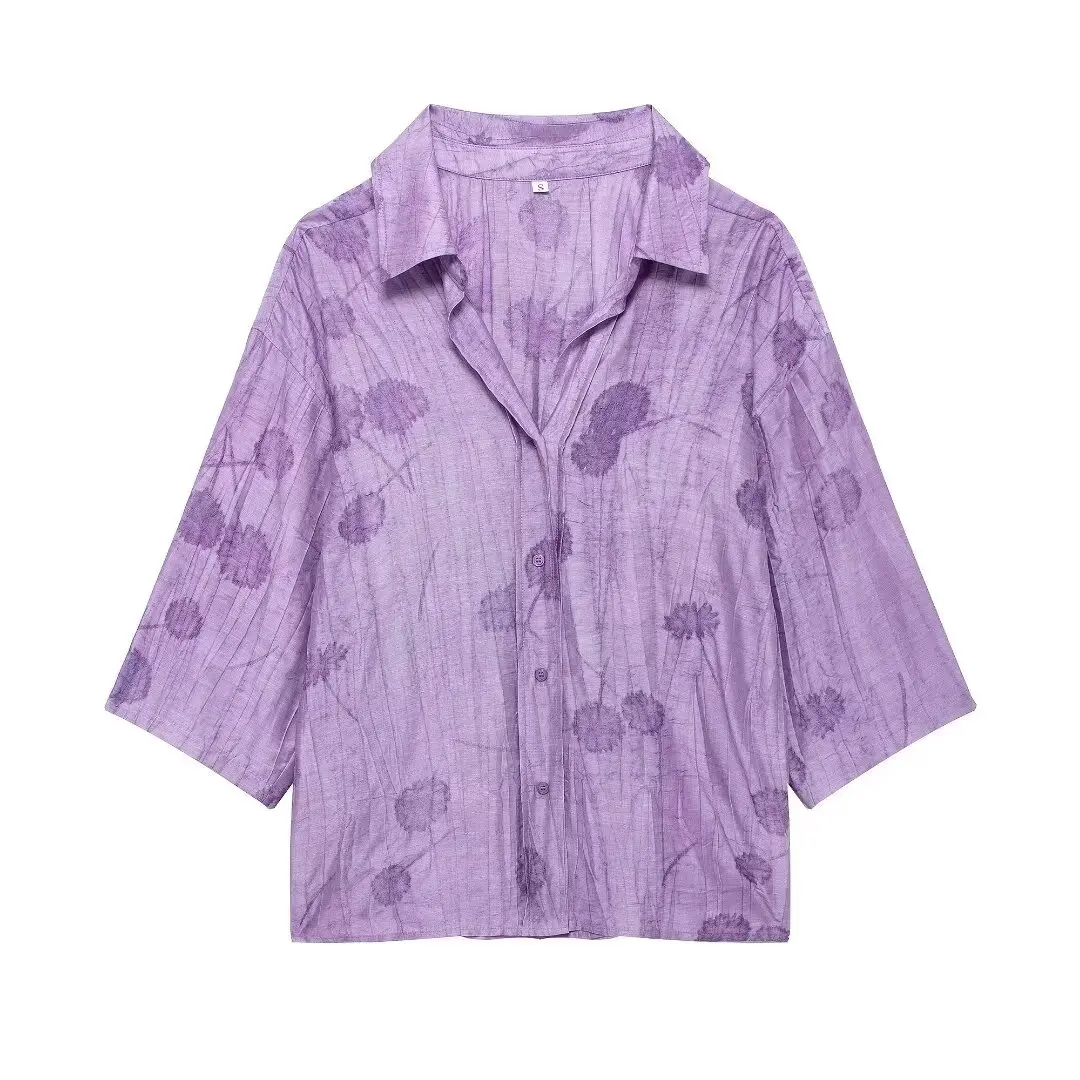 thumbnail image 1 of HH TRAF 2024 Traje femenino de manga larga con botonadura sencilla, cuello vuelto, camisa holgada con estampado + pantalón largo con lazo y cintura alta con cordones para mujer, 1 of 5