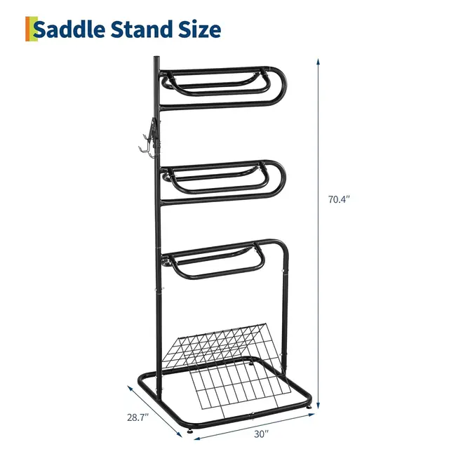 Heavy Duty 3 Tier Freestanding Saddle Rack Stand, 76cm x 76cm x 173cm Rotatable & Removable Arms, Horse Tack Organizer for English & Western Saddles, Blankets & Gear, Black Stable Storage