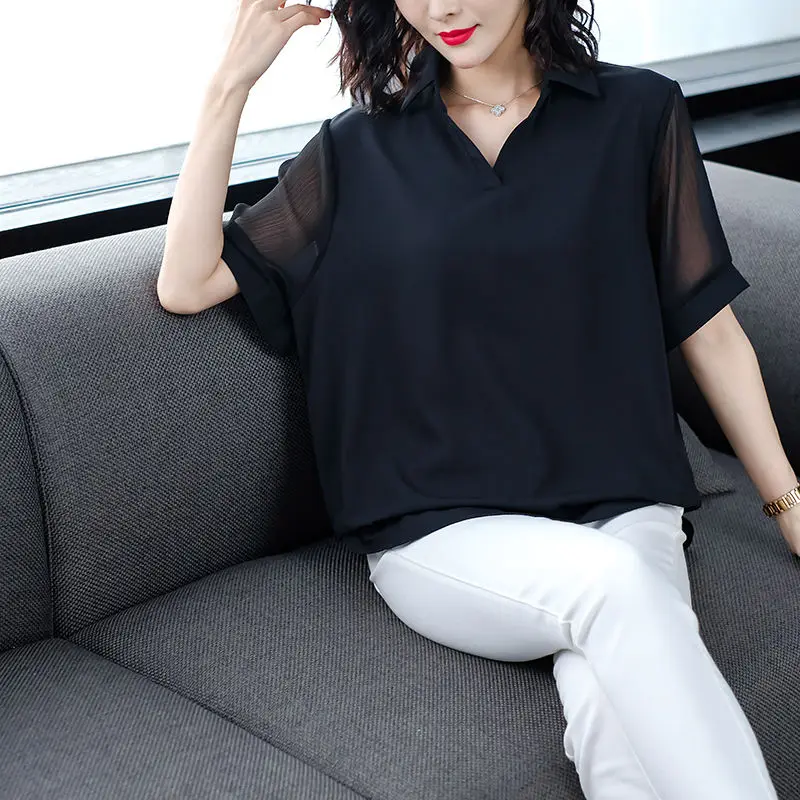 패션 라펠 단색 접합 반팔 쉬폰 셔츠, 캐주얼 상의, 느슨한 출퇴근 여성 의류 블라우스, 오버사이즈 여름