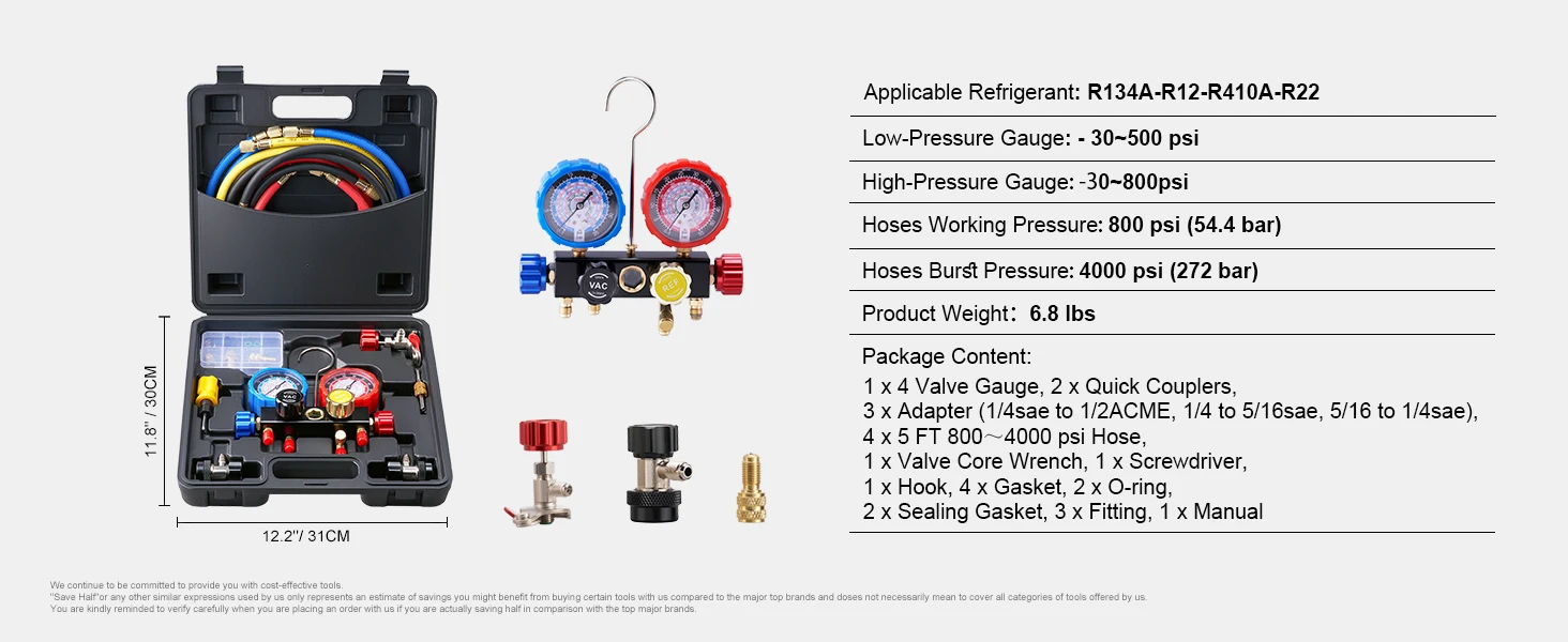 SucceBuy 4 Way AC Gauge-AC Manifold Gauge Set 5ft Hoses for R134A/R22/R12/R410A Work on Car Auto Freon Charging and Evacuation