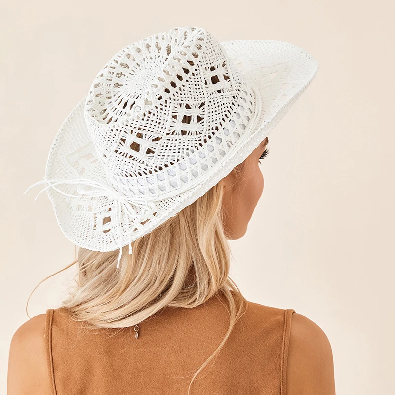 Men Women Western Cowboy Hats Summer Outdoor Hand-Woven Straw Hollowed Wide-brimmed Hat Breathable Beach Jazz Cap Sunhat