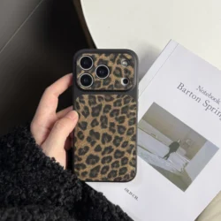 Retro Personality Pink Brown Leopard Print Glitter Phone Cover Case with Lanyard - iPhone 15 (Dark Brown)
