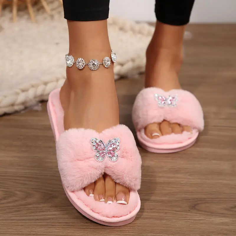 Elegant Glitter Butterfly Plush Fur Slippers - Women's Winter Indoor Slides