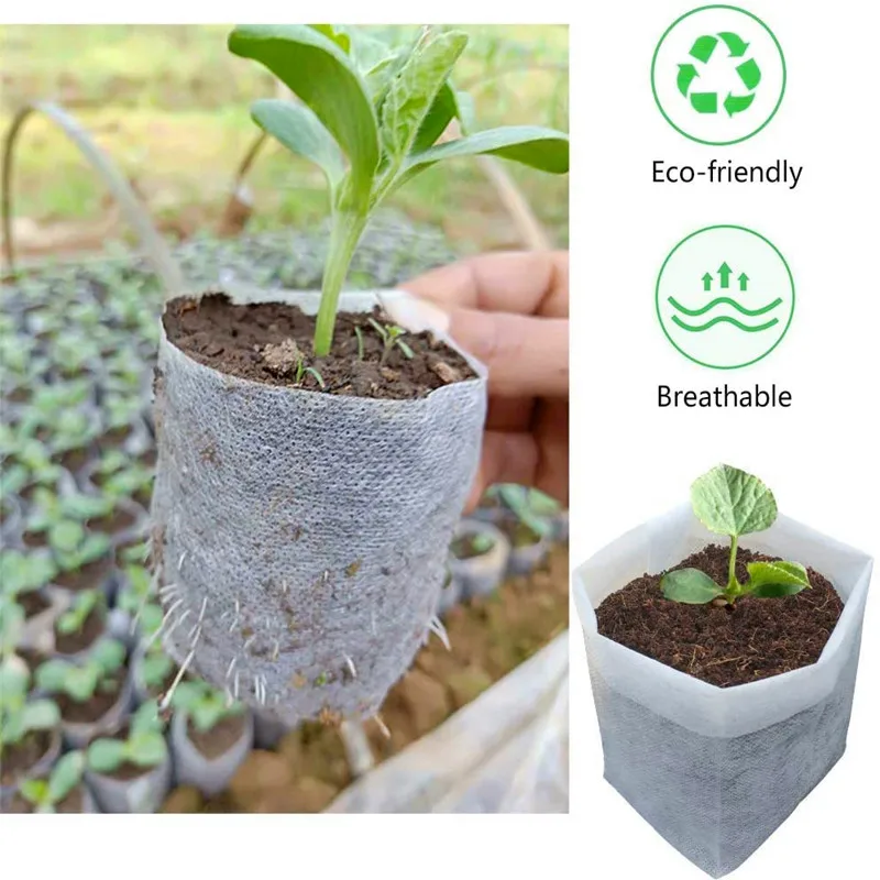 100pcs Plant Grow Bags Biodegradable Nonwoven Fabric Nursery Plant Seedling Bags 