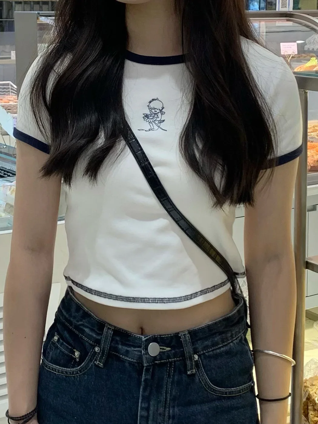 

Футболка женская облегающая с круглым вырезом, хлопковый топ с коротким рукавом, с рисунком в стиле пэчворк, винтажная Милая рубашка, Y2K, лето 2023