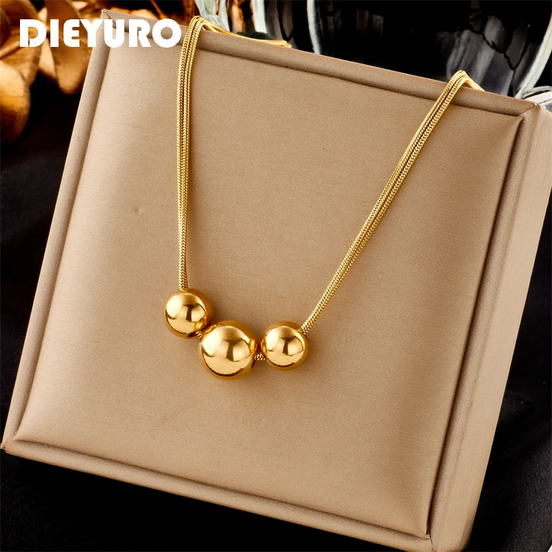 DIEYURO316LStainlessSteelGoldColorLargeRoundBallPendantNecklaceForWomenNewGirls