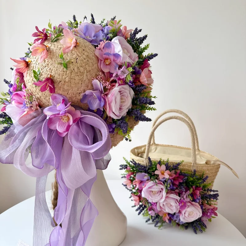 

Straw Hat and Bags for Women Holiday Flower Beach Bags Ladies Rattan Totes Summer Seaside Handmade Flower Purple Woven Handbag