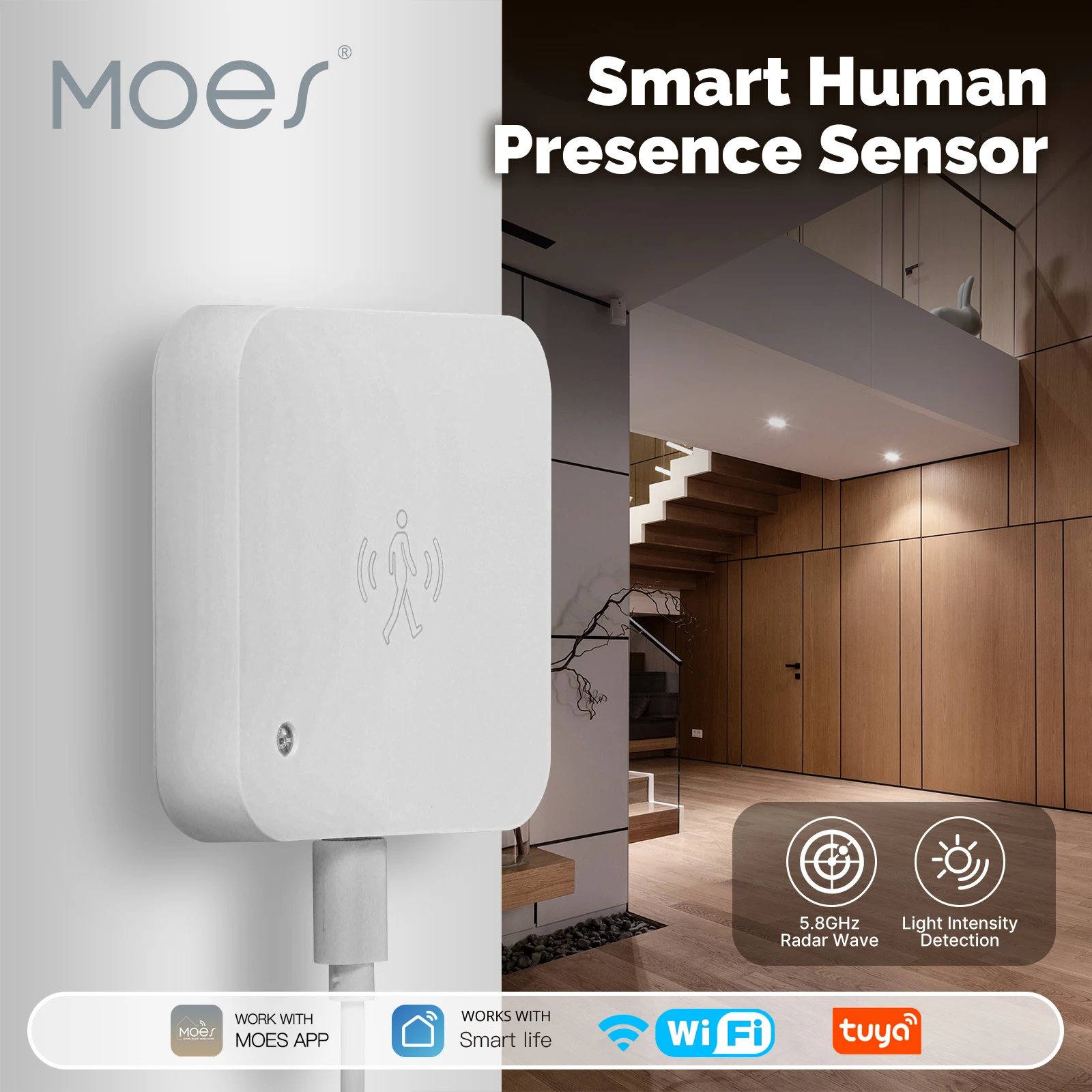 MOES Tuya WiFi Smart Human Presence Sensor Motion and Motionless Detection Light Luminance Sensor Wired Design App Notification
