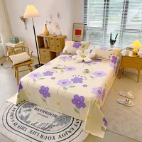 Botanical Floral Flat Sheet, Soft Purple Flower Print Bed Sheet Set Brushed Cotton Bed Cover with 2 Pillowcase Twin Queen Size 4