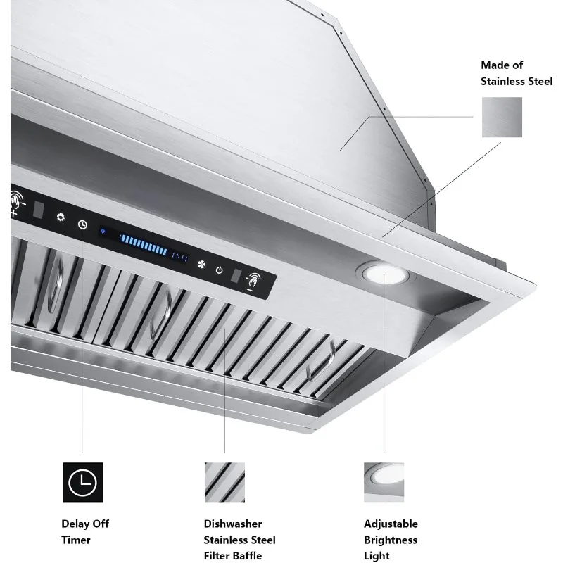 IKTCH 30 inch Built-in/Insert Range Hood 900 CFM, Ducted/Ductless Convertible Duct,Stainless Steel Kitchen Vent Hood 2 Pcs Light