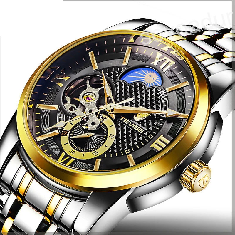 Tourbillon Automatic Mechanical Watch Men Moon Phase Mens Business Watches Luminous Full Stainless Steel Gold Relogio Masculino