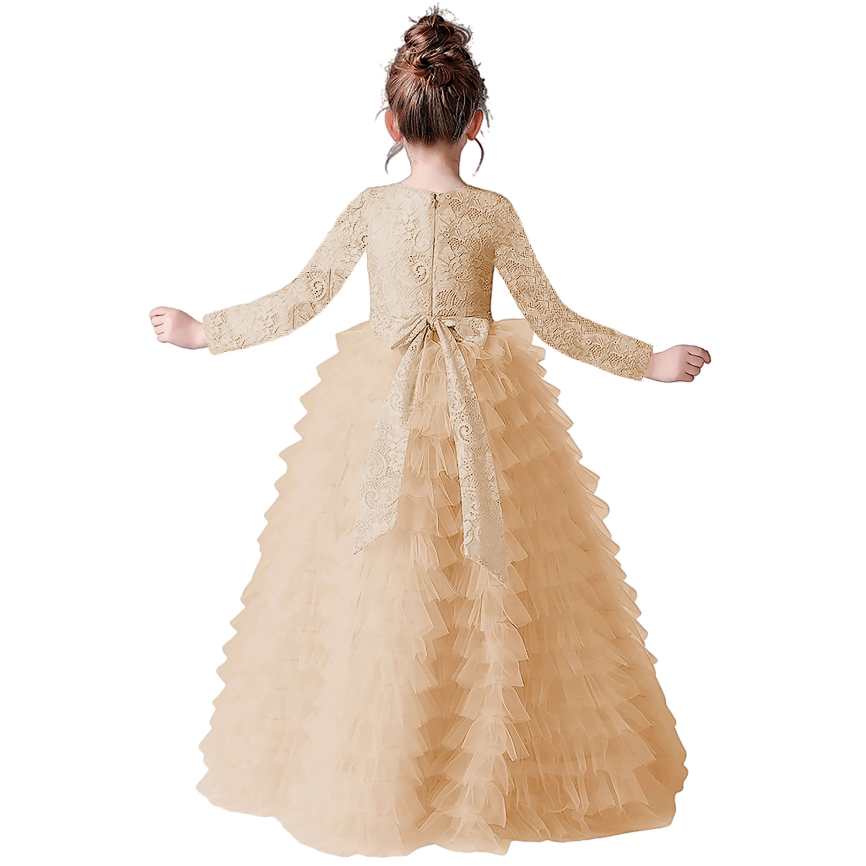Dideyttawl Grey Long Sleeves Princess Dress For Girls 2024 Lace Tulle Junior Concert Gown For Banquet Formal Party Winter