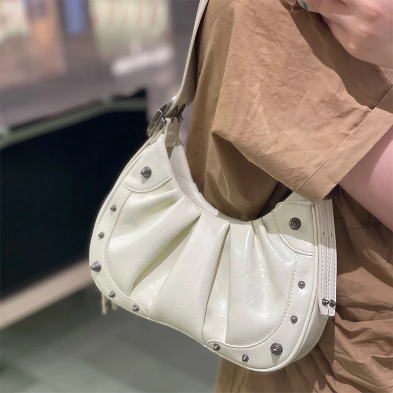 Moto&Biker Y2K Shoulder Bags For Women Luxury Designer Handbags And Purse 2024New In Rivet Decorate Pleated Crossbody Bag Bolsos