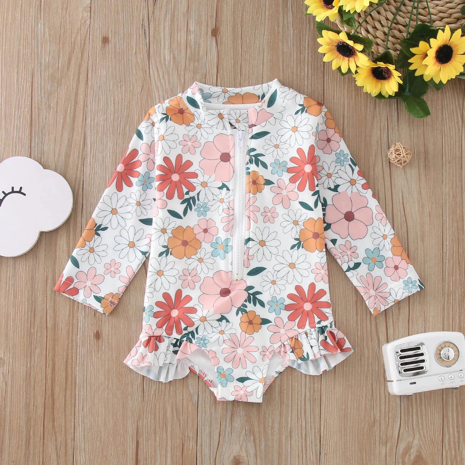 1 Piece Summer Toddler Girls Long Sleeve Floral Prints Swimwear Beach Onesie Swimsuit Bikini Girl Swim Suit Size 5