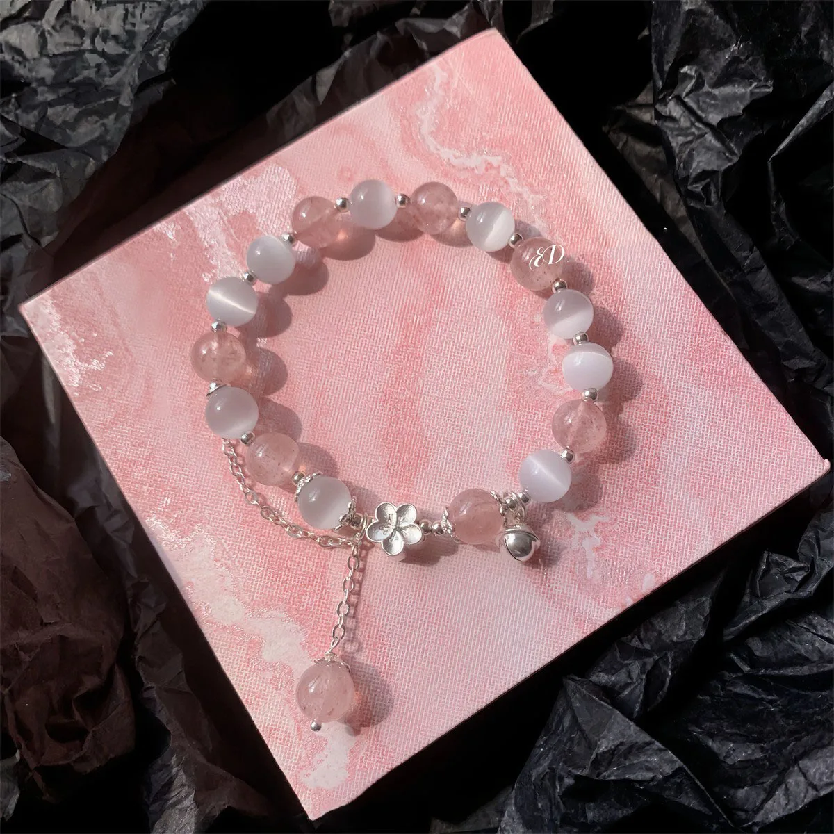 925 Sterling Silver Pink Peach Blossom Strawberry Crystal Opal Crystal Nappa Bracciale Charm Per Gioielli Da Donna Regali