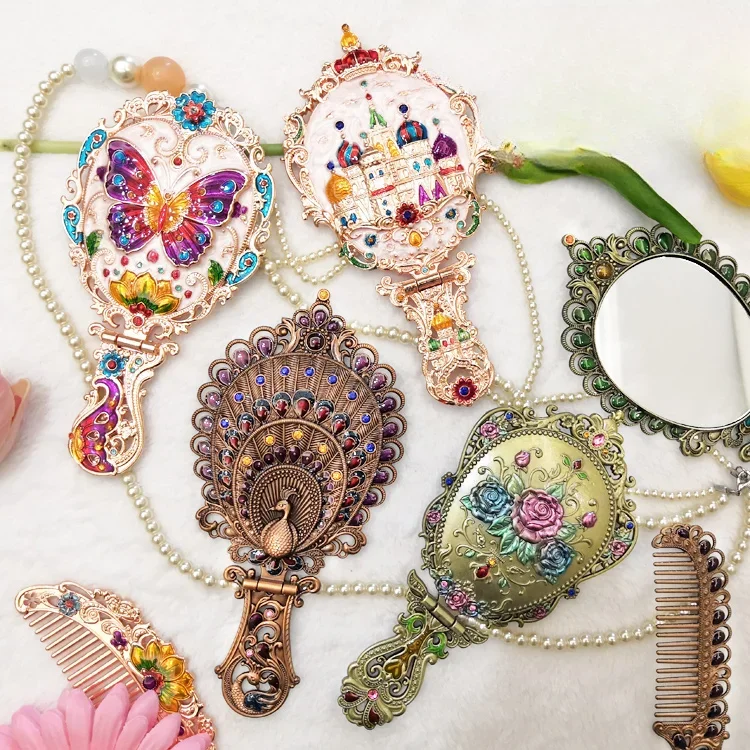 

Retro metal antique mirror folding portable handle hand-held girl comb set